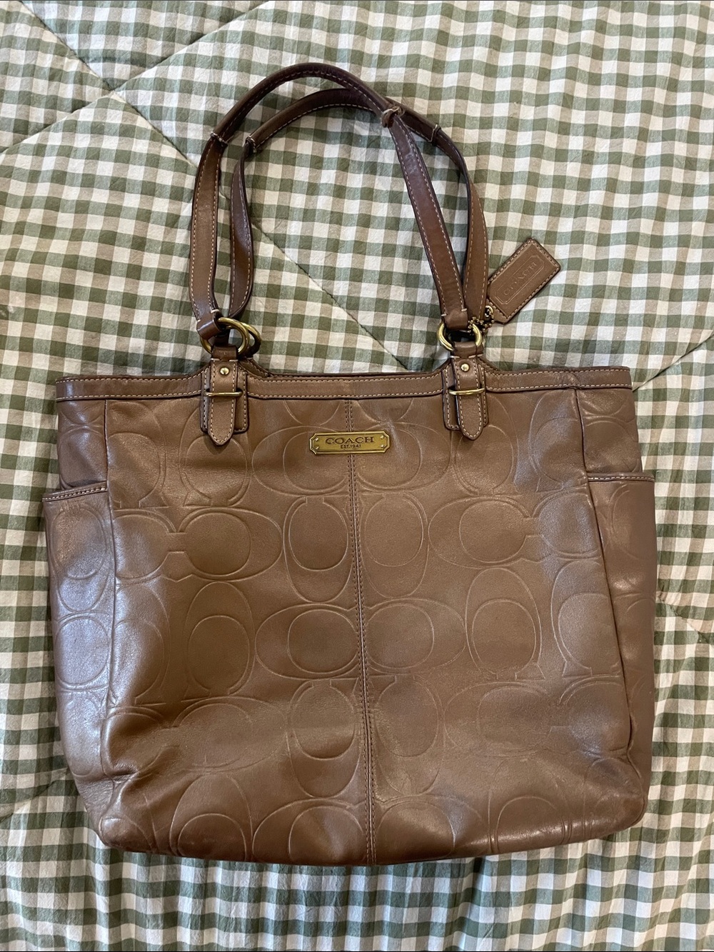 Coach Bronze Embossed Leather Tote with Gold Accent